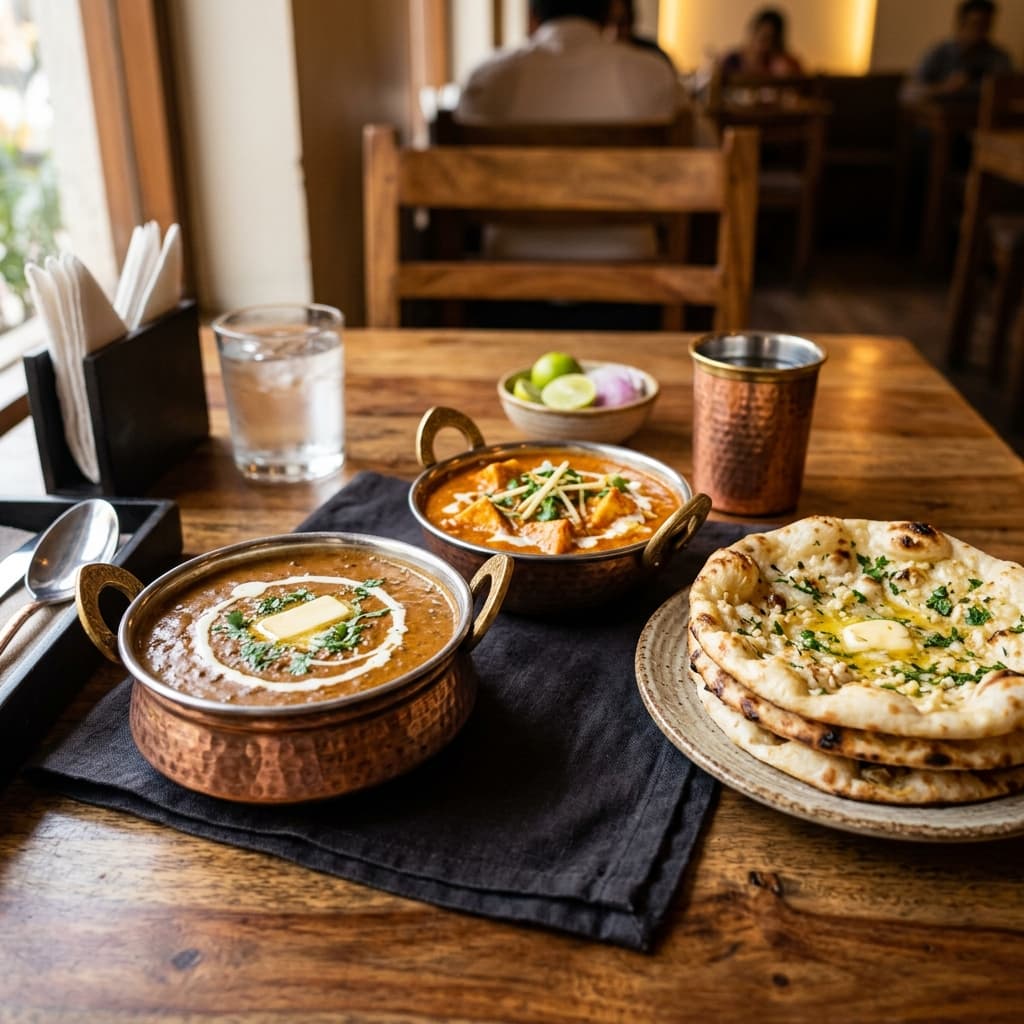 Dal Makhani, Paneer Butter Masala and Garlic Naan at Diamond Restaurant Samalkha